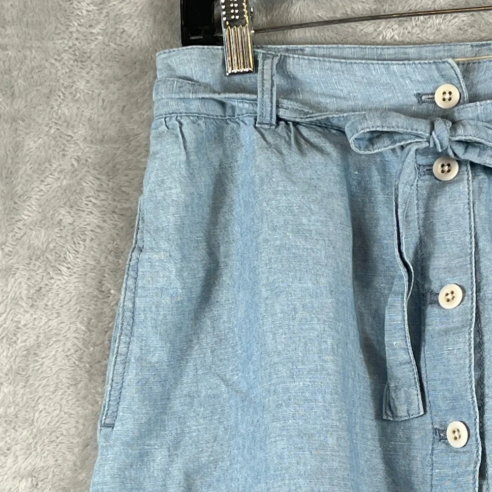 Madewell Cotton Linen Button Front Tie Waist Mini Skirt Chambray Blue Sz 4